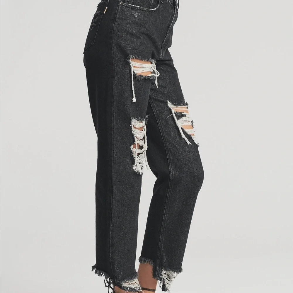 Retrofete Maggie Black Distressed Straight Leg‎ Denim Jeans Sz 27 90s Grunge